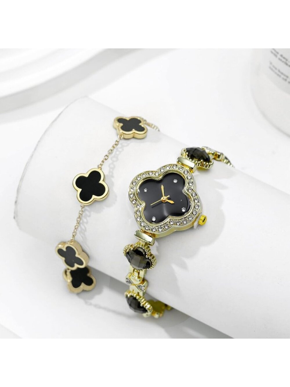 Women's Black Gold Lucky Clover Flower Design Four Leaf Bracelet Set Wrist Watch - Picture 2 of 7